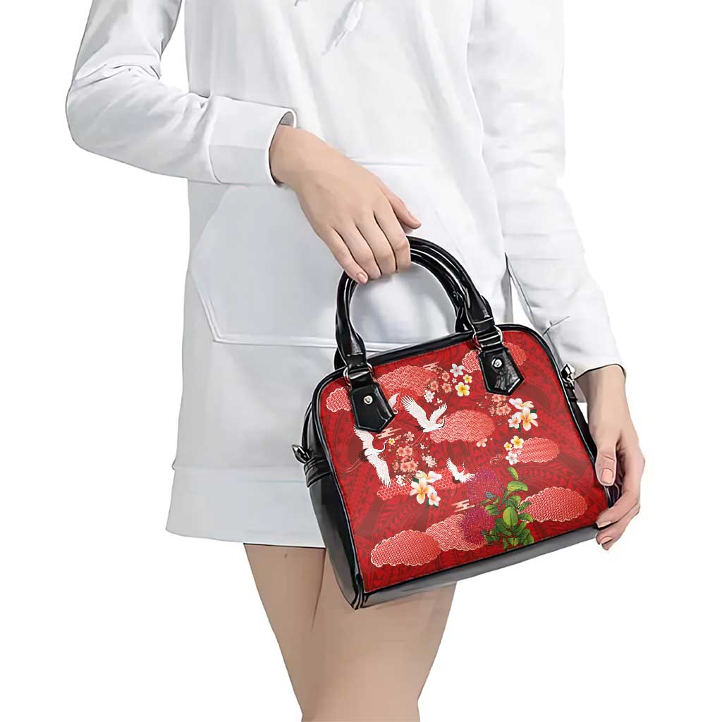 Hawaiian and Japanese Culture Together Shoulder Handbag Red Ohia Lehua Plumeria and Sakura Blooming LT03 - Polynesian Pride
