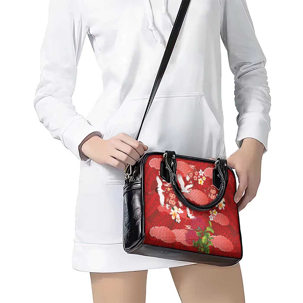 Hawaiian and Japanese Culture Together Shoulder Handbag Red Ohia Lehua Plumeria and Sakura Blooming LT03 - Polynesian Pride