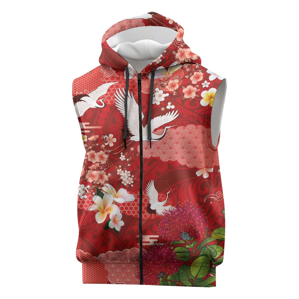 Hawaiian and Japanese Culture Together Sleeveless Zip Hoodie Red Ohia Lehua Plumeria and Sakura Blooming - Polynesian Pride