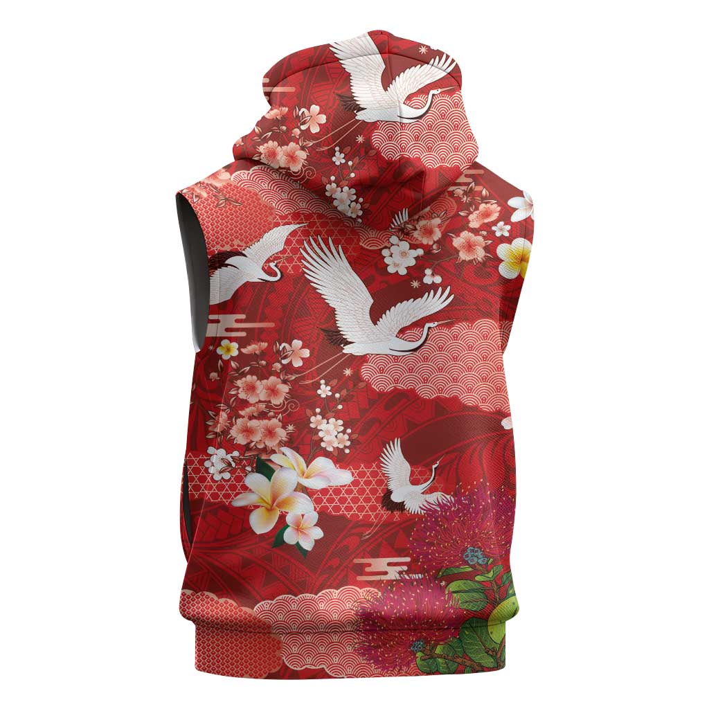 Hawaiian and Japanese Culture Together Sleeveless Zip Hoodie Red Ohia Lehua Plumeria and Sakura Blooming - Polynesian Pride