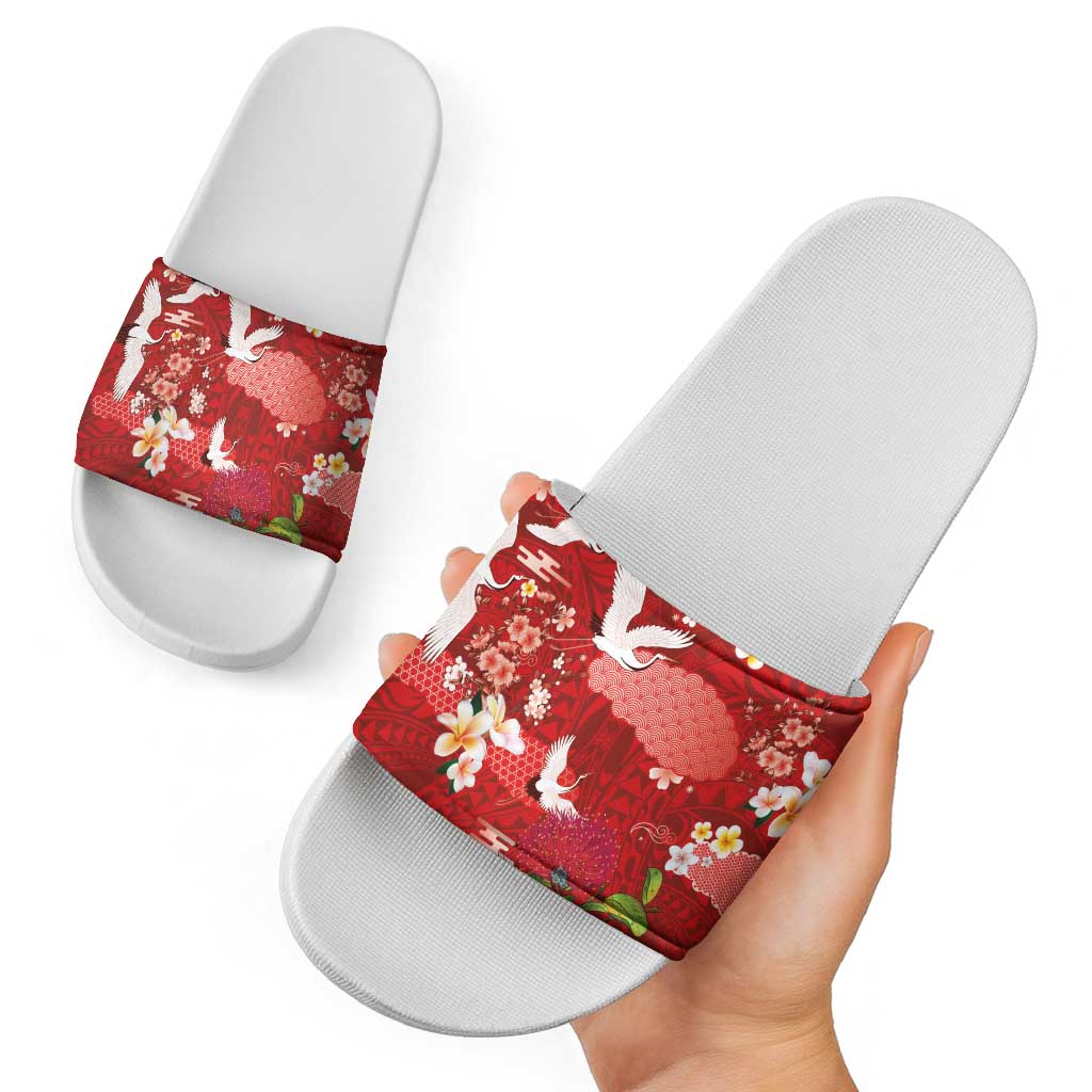Hawaiian and Japanese Culture Together Slide Sandals Red Ohia Lehua Plumeria and Sakura Blooming - Polynesian Pride