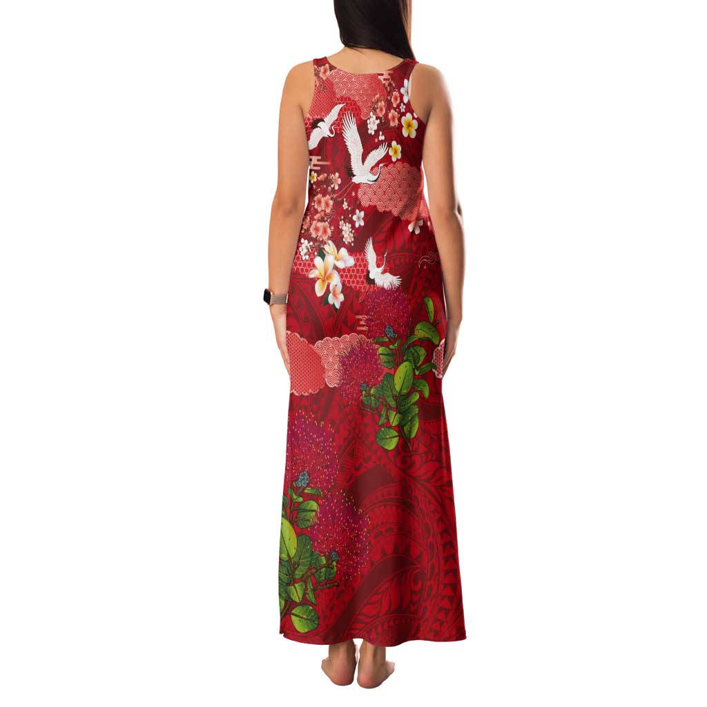 Hawaiian and Japanese Culture Together Tank Maxi Dress Red Ohia Lehua Plumeria and Sakura Blooming - Polynesian Pride