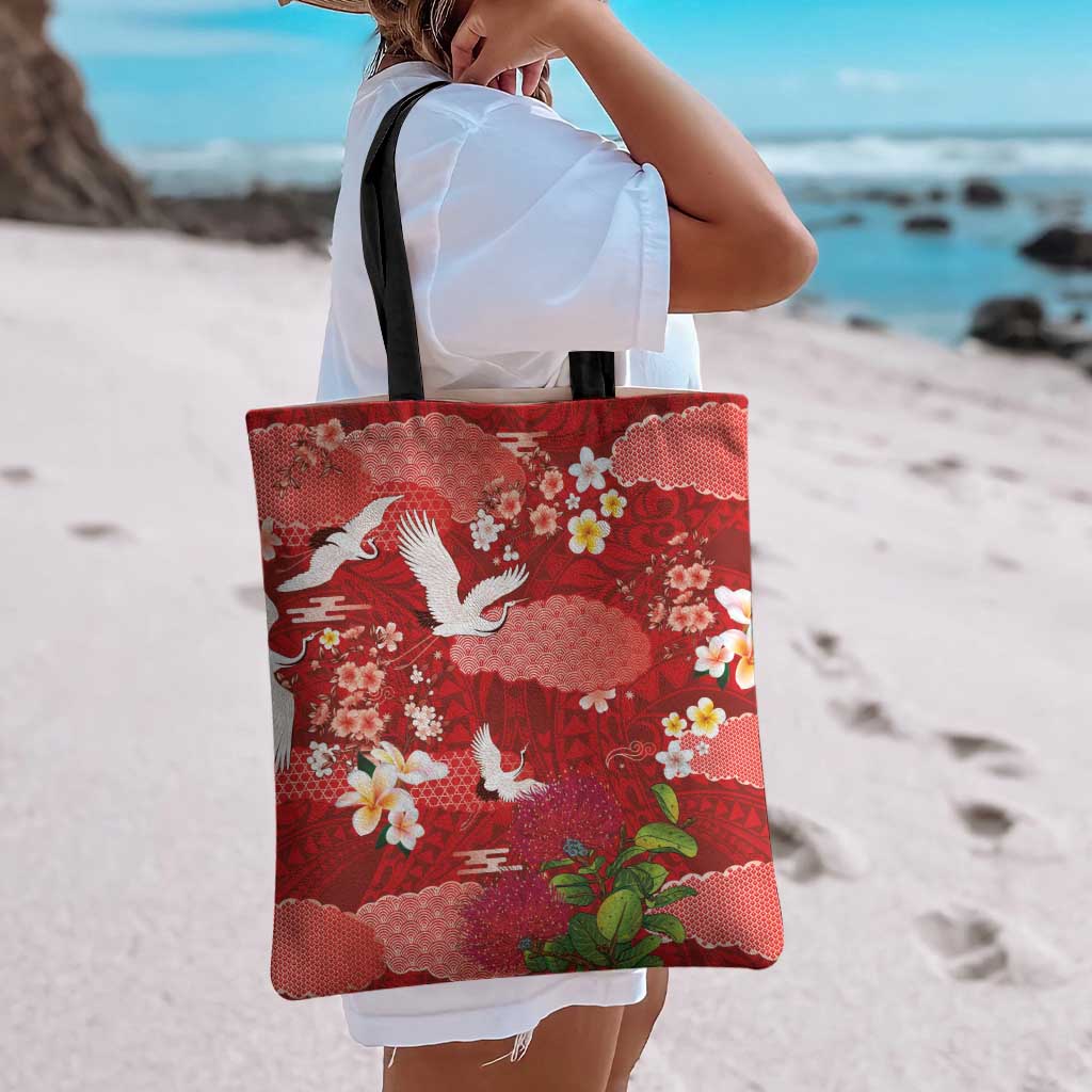 Hawaiian and Japanese Culture Together Tote Bag Red Ohia Lehua Plumeria and Sakura Blooming LT03 - Polynesian Pride