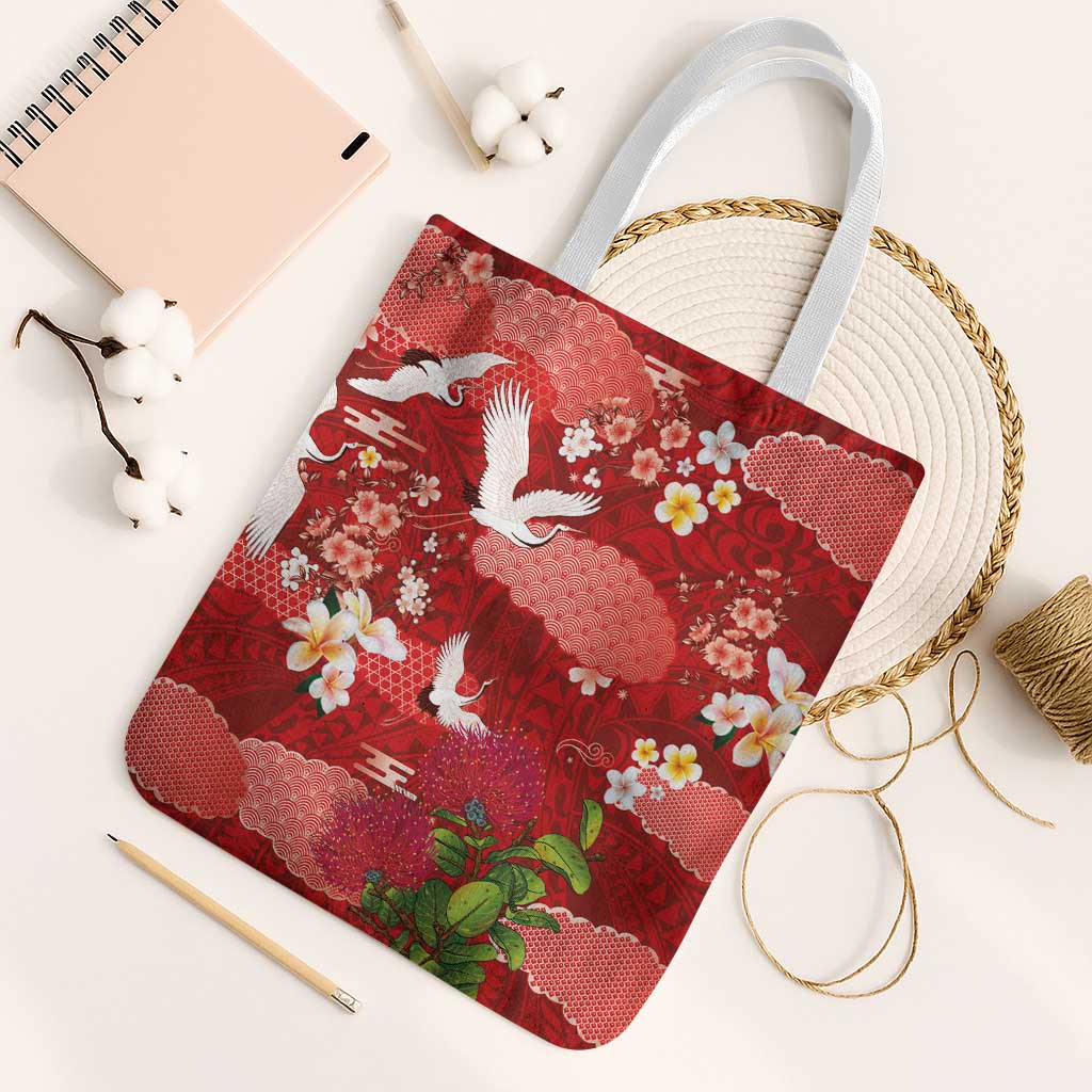 Hawaiian and Japanese Culture Together Tote Bag Red Ohia Lehua Plumeria and Sakura Blooming LT03 White Strap One Size Red - Polynesian Pride