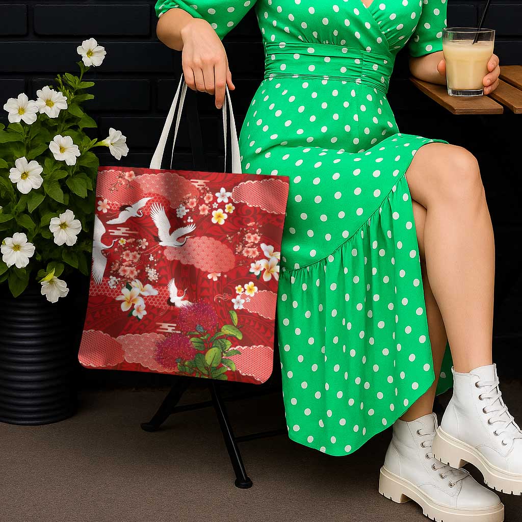 Hawaiian and Japanese Culture Together Tote Bag Red Ohia Lehua Plumeria and Sakura Blooming LT03 - Polynesian Pride