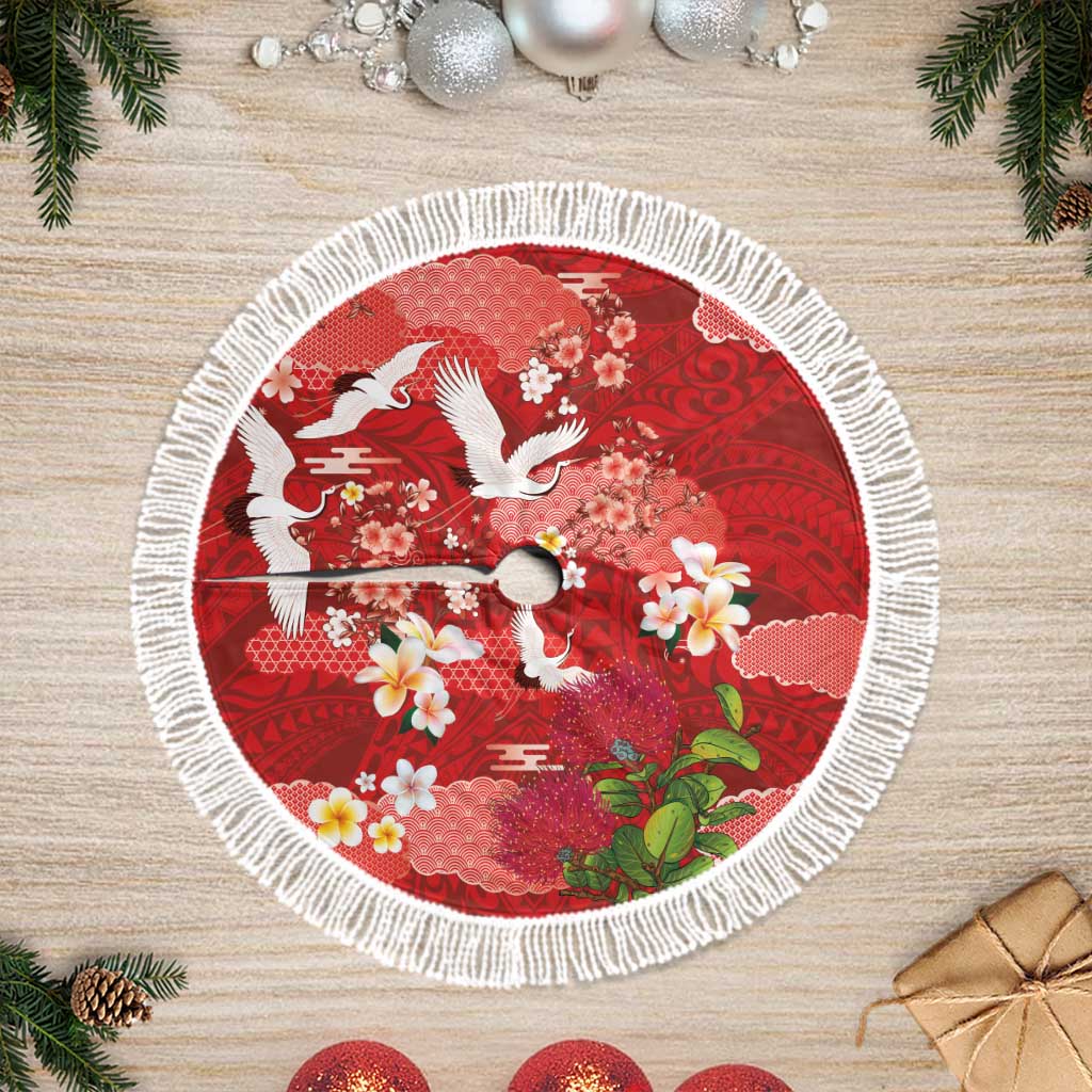 Hawaiian and Japanese Culture Together Tree Skirt Red Ohia Lehua Plumeria and Sakura Blooming - Polynesian Pride