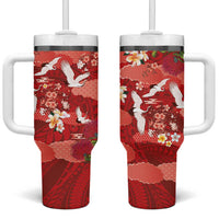 Hawaiian and Japanese Culture Together Tumbler With Handle Red Ohia Lehua Plumeria and Sakura Blooming LT03 One Size: 40 oz Red - Polynesian Pride