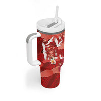 Hawaiian and Japanese Culture Together Tumbler With Handle Red Ohia Lehua Plumeria and Sakura Blooming LT03 - Polynesian Pride