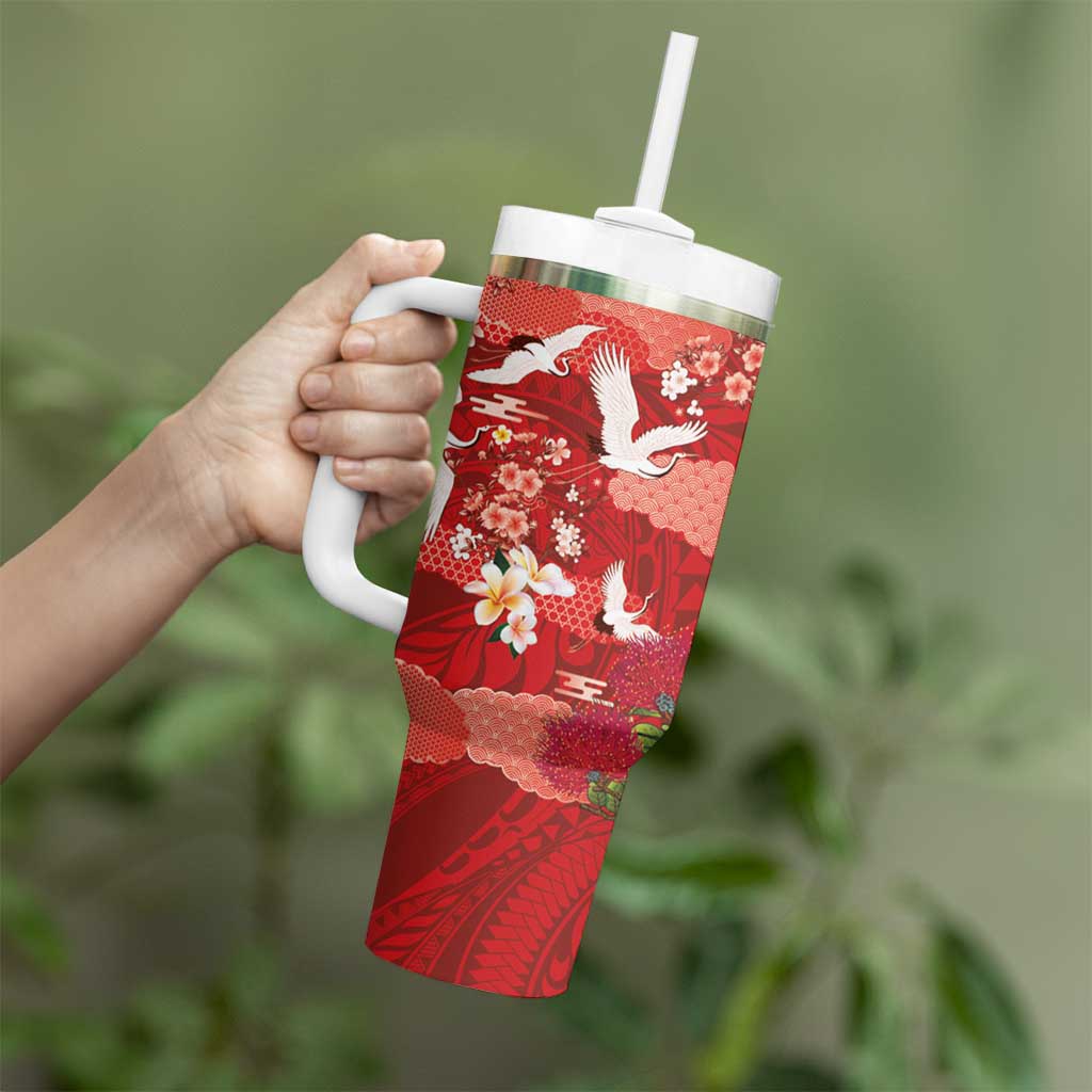 Hawaiian and Japanese Culture Together Tumbler With Handle Red Ohia Lehua Plumeria and Sakura Blooming LT03 - Polynesian Pride