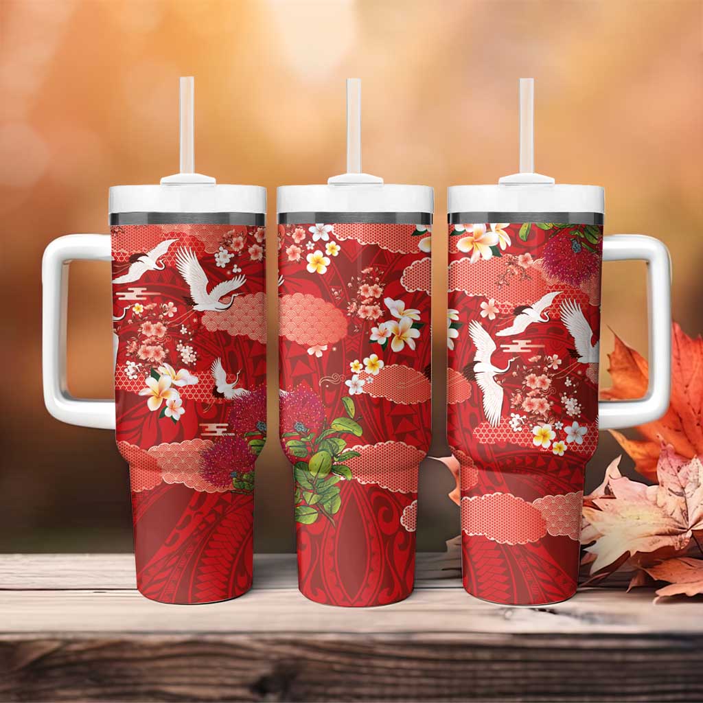 Hawaiian and Japanese Culture Together Tumbler With Handle Red Ohia Lehua Plumeria and Sakura Blooming LT03 - Polynesian Pride