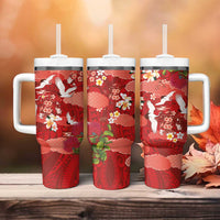 Hawaiian and Japanese Culture Together Tumbler With Handle Red Ohia Lehua Plumeria and Sakura Blooming LT03 - Polynesian Pride