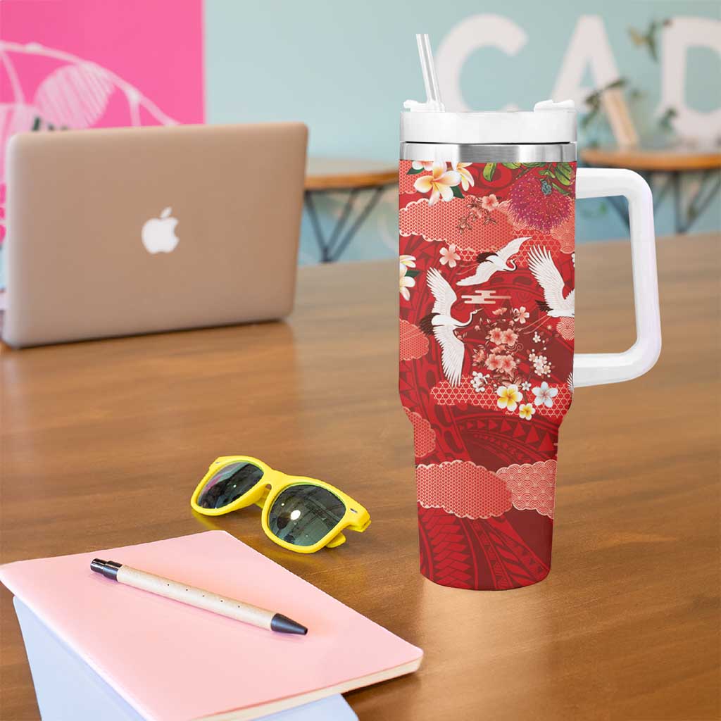 Hawaiian and Japanese Culture Together Tumbler With Handle Red Ohia Lehua Plumeria and Sakura Blooming LT03 - Polynesian Pride