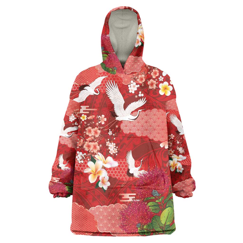 Hawaiian and Japanese Culture Together Wearable Blanket Hoodie Red Ohia Lehua Plumeria and Sakura Blooming LT03 One Size Red - Polynesian Pride