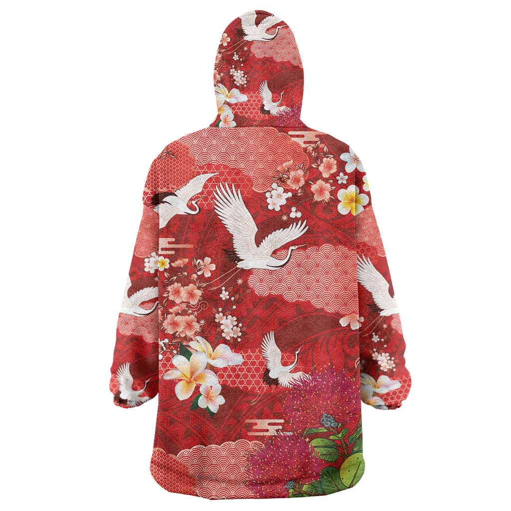 Hawaiian and Japanese Culture Together Wearable Blanket Hoodie Red Ohia Lehua Plumeria and Sakura Blooming LT03 - Polynesian Pride