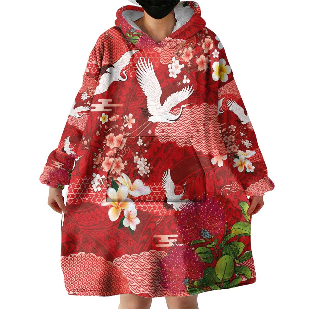 Hawaiian and Japanese Culture Together Wearable Blanket Hoodie Red Ohia Lehua Plumeria and Sakura Blooming LT03 - Polynesian Pride