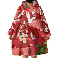 Hawaiian and Japanese Culture Together Wearable Blanket Hoodie Red Ohia Lehua Plumeria and Sakura Blooming LT03 - Polynesian Pride