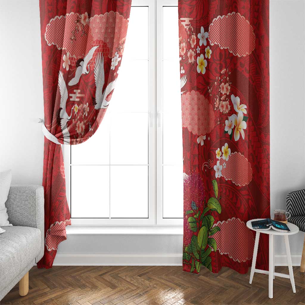 Hawaiian and Japanese Culture Together Window Curtain Red Ohia Lehua Plumeria and Sakura Blooming - Polynesian Pride