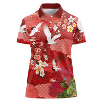 Hawaiian and Japanese Culture Together Women Polo Shirt Red Ohia Lehua Plumeria and Sakura Blooming - Polynesian Pride