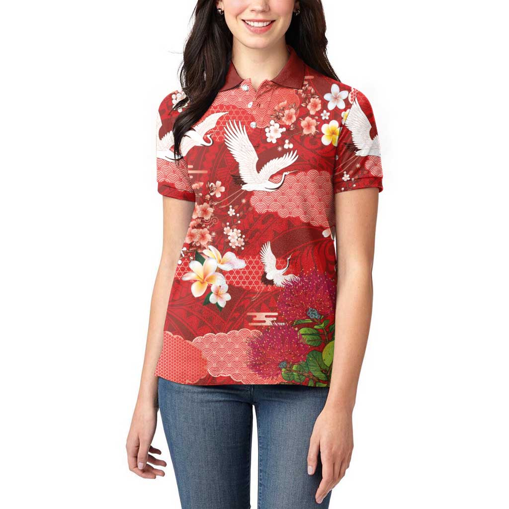 Hawaiian and Japanese Culture Together Women Polo Shirt Red Ohia Lehua Plumeria and Sakura Blooming - Polynesian Pride