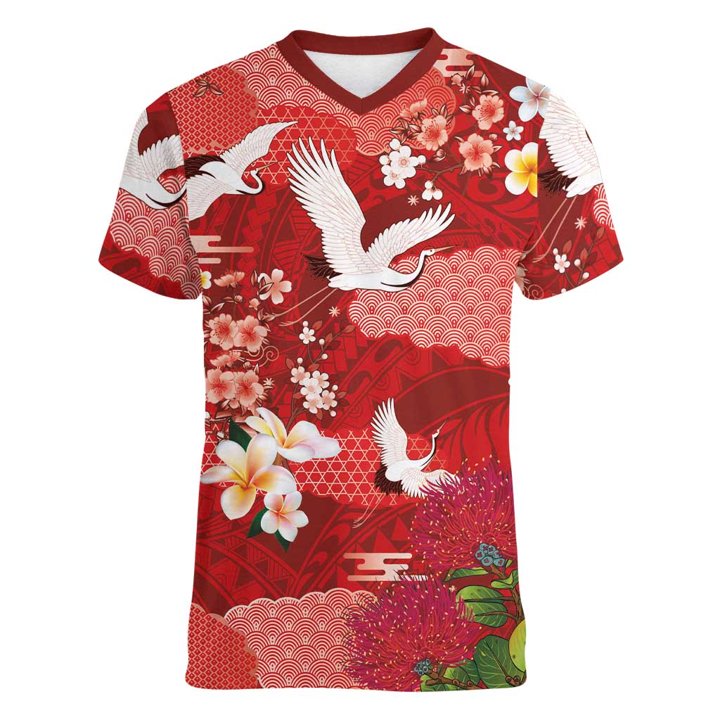 Hawaiian and Japanese Culture Together Women V-Neck T-Shirt Red Ohia Lehua Plumeria and Sakura Blooming - Polynesian Pride