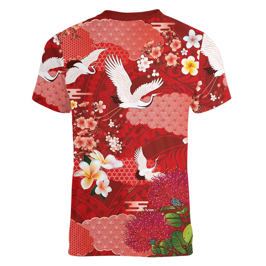 Hawaiian and Japanese Culture Together Women V-Neck T-Shirt Red Ohia Lehua Plumeria and Sakura Blooming - Polynesian Pride