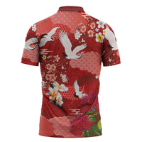Hawaiian and Japanese Culture Together Zipper Polo Shirt Red Ohia Lehua Plumeria and Sakura Blooming - Polynesian Pride