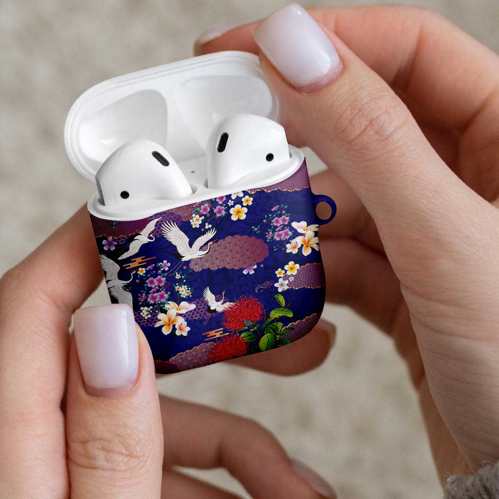 Hawaiian and Japanese Culture Together AirPods Case Blue Ohia Lehua Plumeria and Sakura Blooming - Polynesian Pride