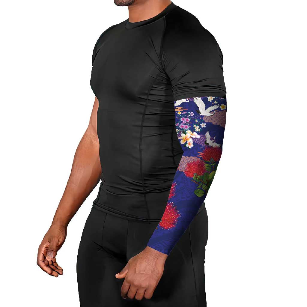 Hawaiian and Japanese Culture Together Arm Sleeves Blue Ohia Lehua Plumeria and Sakura Blooming - Polynesian Pride
