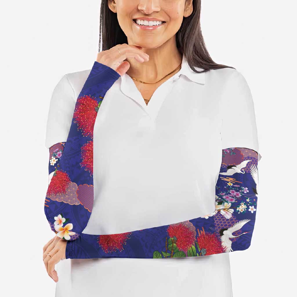 Hawaiian and Japanese Culture Together Arm Sleeves Blue Ohia Lehua Plumeria and Sakura Blooming - Polynesian Pride