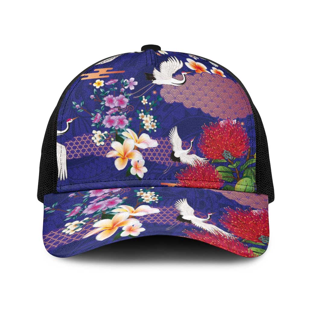 Hawaiian and Japanese Culture Together Baseball Net Cap Blue Ohia Lehua Plumeria and Sakura Blooming - Polynesian Pride
