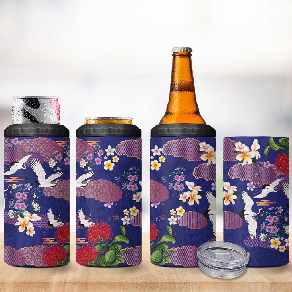 Hawaiian and Japanese Culture Together 4 in 1 Can Cooler Tumbler Blue Ohia Lehua Plumeria and Sakura Blooming LT03 - Polynesian Pride