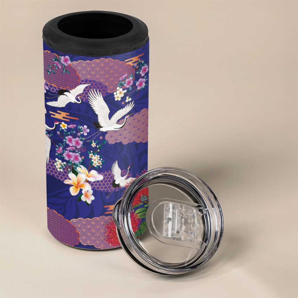 Hawaiian and Japanese Culture Together 4 in 1 Can Cooler Tumbler Blue Ohia Lehua Plumeria and Sakura Blooming LT03 - Polynesian Pride