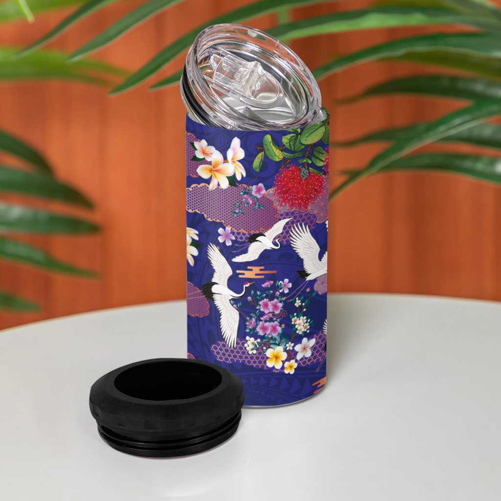 Hawaiian and Japanese Culture Together 4 in 1 Can Cooler Tumbler Blue Ohia Lehua Plumeria and Sakura Blooming LT03 - Polynesian Pride