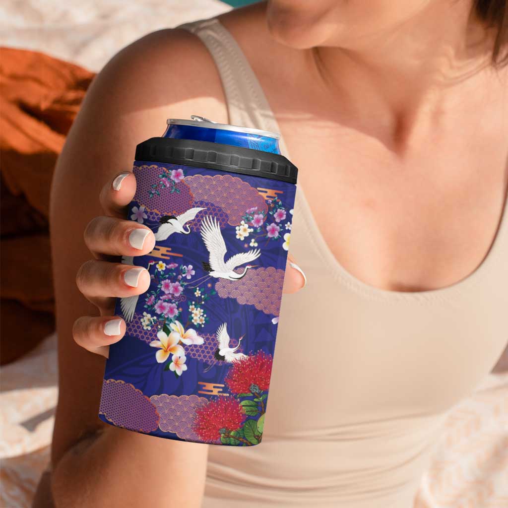 Hawaiian and Japanese Culture Together 4 in 1 Can Cooler Tumbler Blue Ohia Lehua Plumeria and Sakura Blooming LT03 - Polynesian Pride
