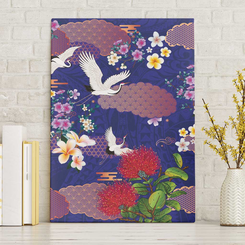 Hawaiian and Japanese Culture Together Canvas Wall Art Blue Ohia Lehua Plumeria and Sakura Blooming - Polynesian Pride