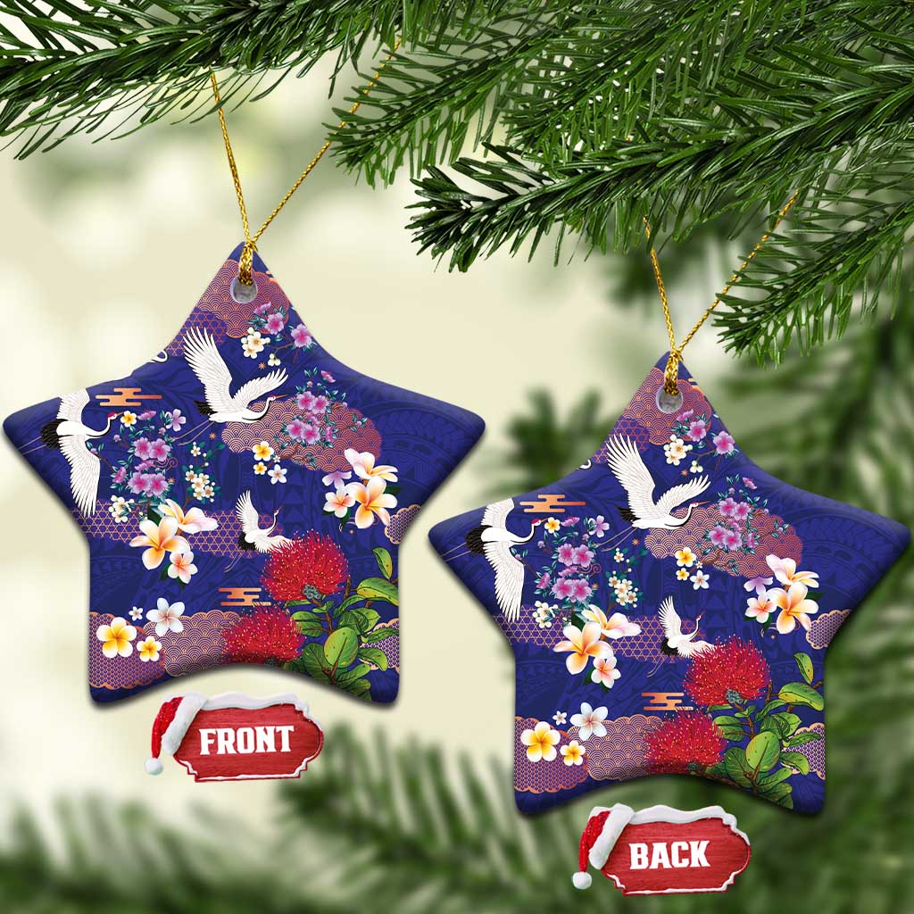 Hawaiian and Japanese Culture Together Ceramic Ornament Blue Ohia Lehua Plumeria and Sakura Blooming - Polynesian Pride