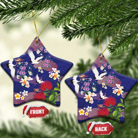 Hawaiian and Japanese Culture Together Ceramic Ornament Blue Ohia Lehua Plumeria and Sakura Blooming - Polynesian Pride