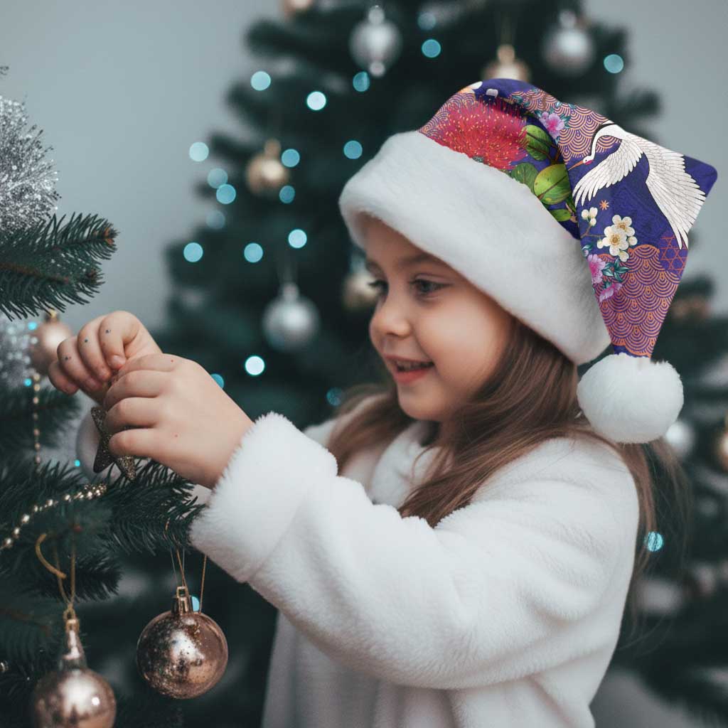 Hawaiian and Japanese Culture Together Christmas Santa Hat Blue Ohia Lehua Plumeria and Sakura Blooming - Polynesian Pride