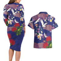 Hawaiian and Japanese Culture Together Couples Matching Long Sleeve Bodycon Dress and Hawaiian Shirt Blue Ohia Lehua Plumeria and Sakura Blooming - Polynesian Pride