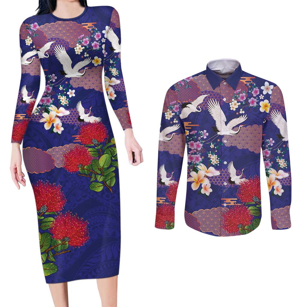 Hawaiian and Japanese Culture Together Couples Matching Long Sleeve Bodycon Dress and Long Sleeve Button Shirt Blue Ohia Lehua Plumeria and Sakura Blooming LT03 Blue - Polynesian Pride