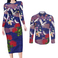Hawaiian and Japanese Culture Together Couples Matching Long Sleeve Bodycon Dress and Long Sleeve Button Shirt Blue Ohia Lehua Plumeria and Sakura Blooming LT03 Blue - Polynesian Pride