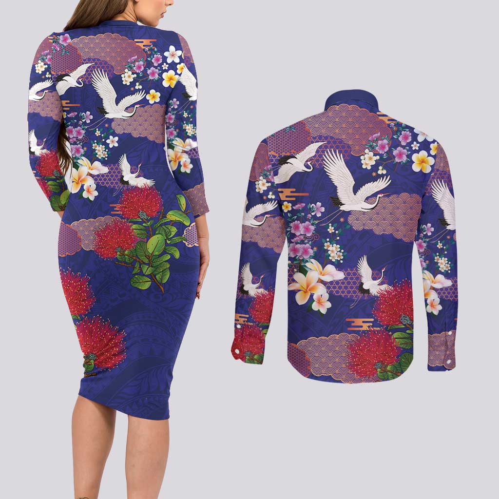 Hawaiian and Japanese Culture Together Couples Matching Long Sleeve Bodycon Dress and Long Sleeve Button Shirt Blue Ohia Lehua Plumeria and Sakura Blooming LT03 - Polynesian Pride