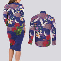 Hawaiian and Japanese Culture Together Couples Matching Long Sleeve Bodycon Dress and Long Sleeve Button Shirt Blue Ohia Lehua Plumeria and Sakura Blooming LT03 - Polynesian Pride