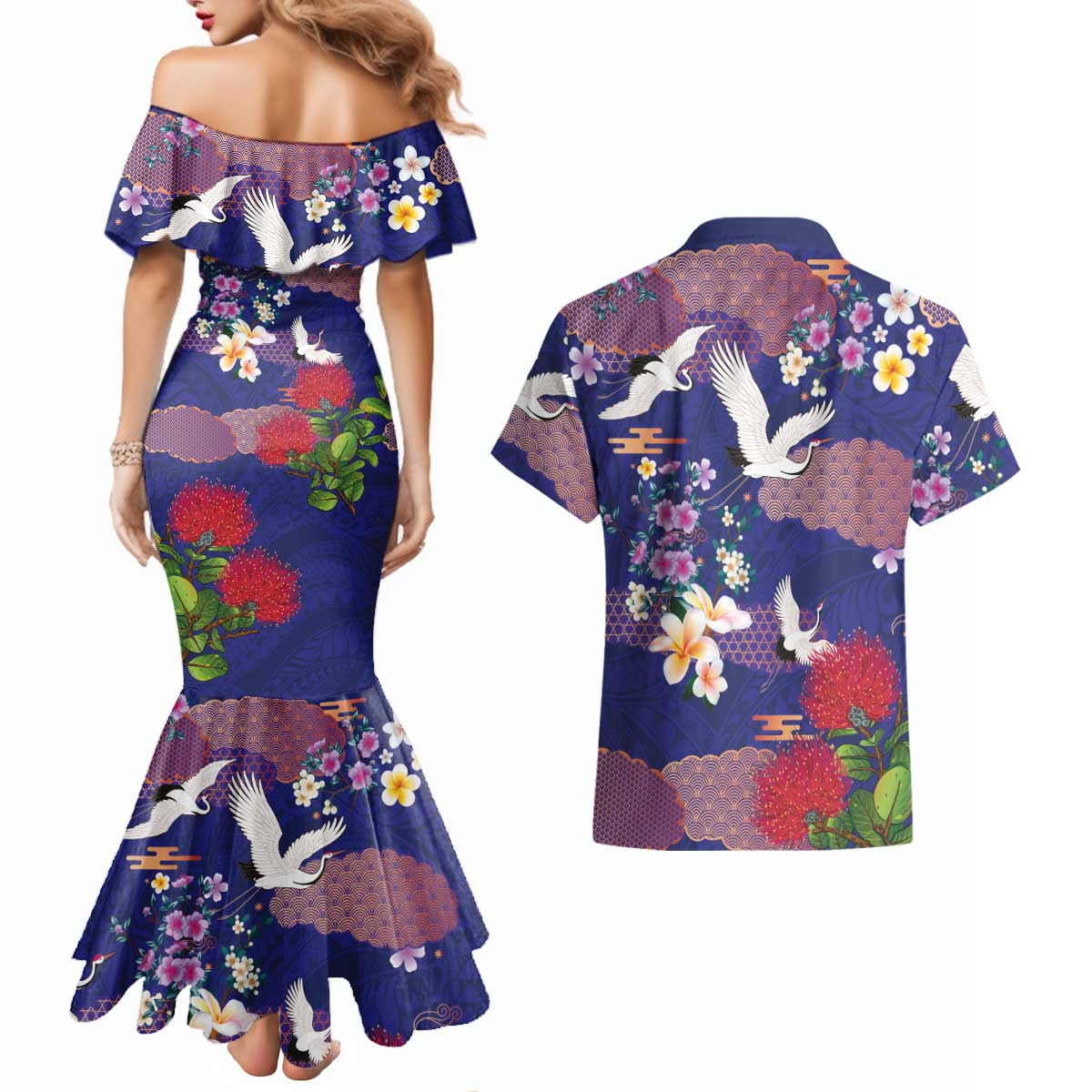 Hawaiian and Japanese Culture Together Couples Matching Mermaid Dress and Hawaiian Shirt Blue Ohia Lehua Plumeria and Sakura Blooming - Polynesian Pride