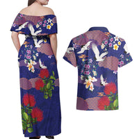 Hawaiian and Japanese Culture Together Couples Matching Off Shoulder Maxi Dress and Hawaiian Shirt Blue Ohia Lehua Plumeria and Sakura Blooming - Polynesian Pride
