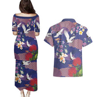 Hawaiian and Japanese Culture Together Couples Matching Puletasi and Hawaiian Shirt Blue Ohia Lehua Plumeria and Sakura Blooming - Polynesian Pride