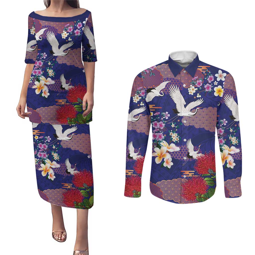 Hawaiian and Japanese Culture Together Couples Matching Puletasi and Long Sleeve Button Shirt Blue Ohia Lehua Plumeria and Sakura Blooming - Polynesian Pride
