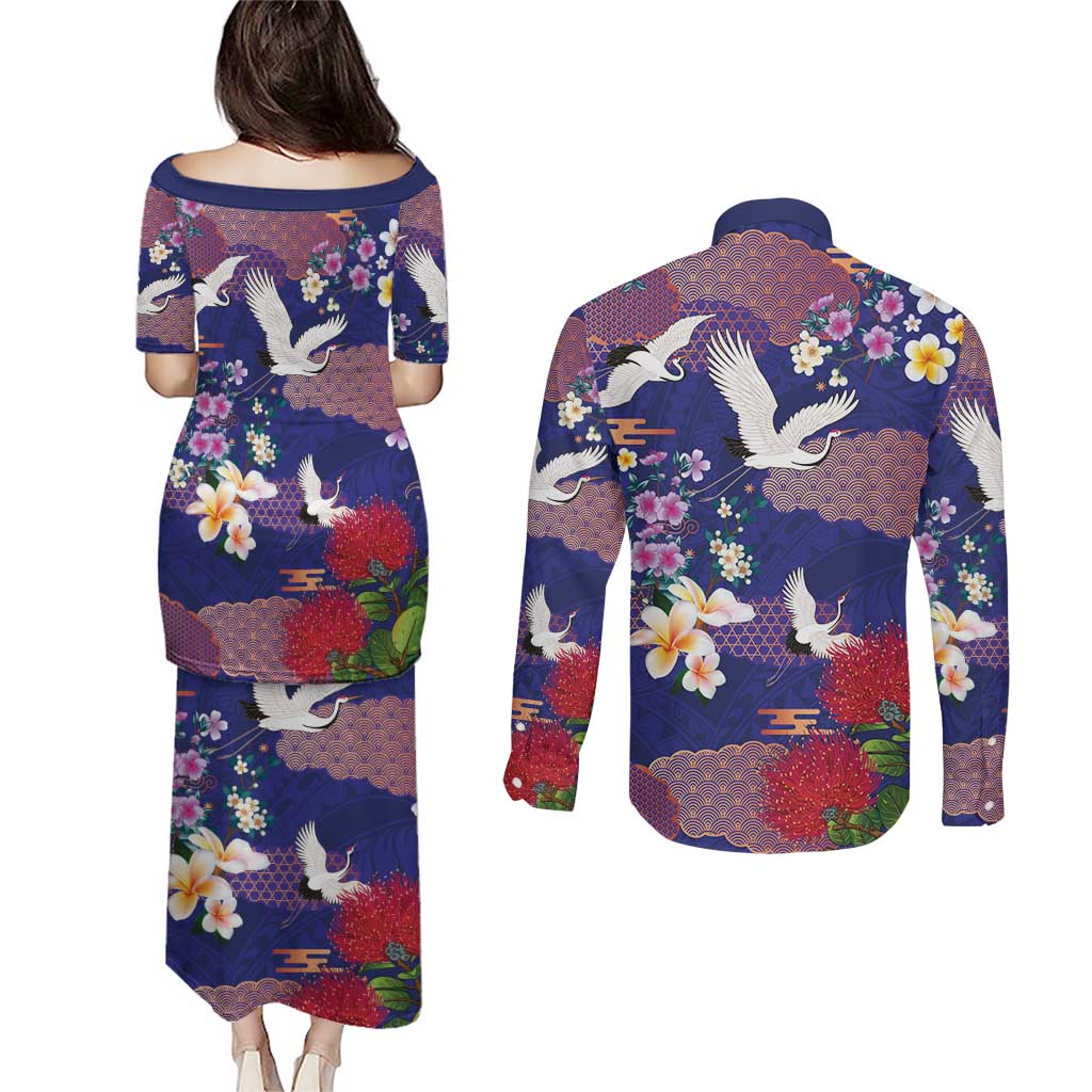 Hawaiian and Japanese Culture Together Couples Matching Puletasi and Long Sleeve Button Shirt Blue Ohia Lehua Plumeria and Sakura Blooming - Polynesian Pride