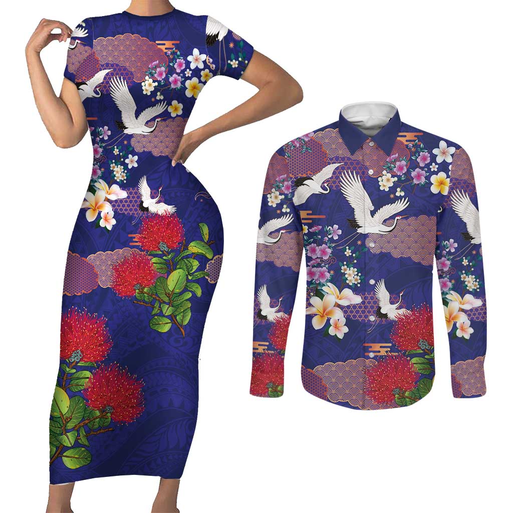 Hawaiian and Japanese Culture Together Couples Matching Short Sleeve Bodycon Dress and Long Sleeve Button Shirt Blue Ohia Lehua Plumeria and Sakura Blooming - Polynesian Pride