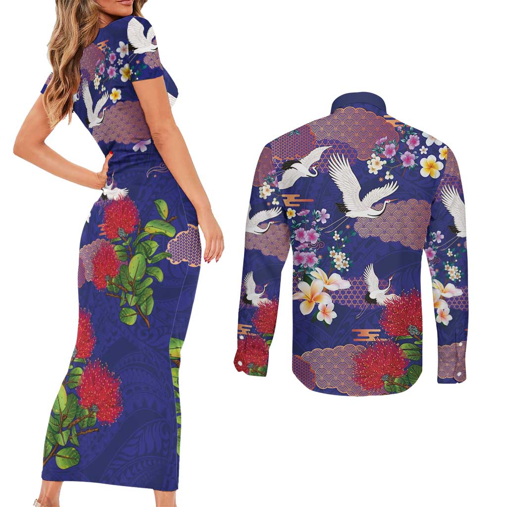Hawaiian and Japanese Culture Together Couples Matching Short Sleeve Bodycon Dress and Long Sleeve Button Shirt Blue Ohia Lehua Plumeria and Sakura Blooming - Polynesian Pride
